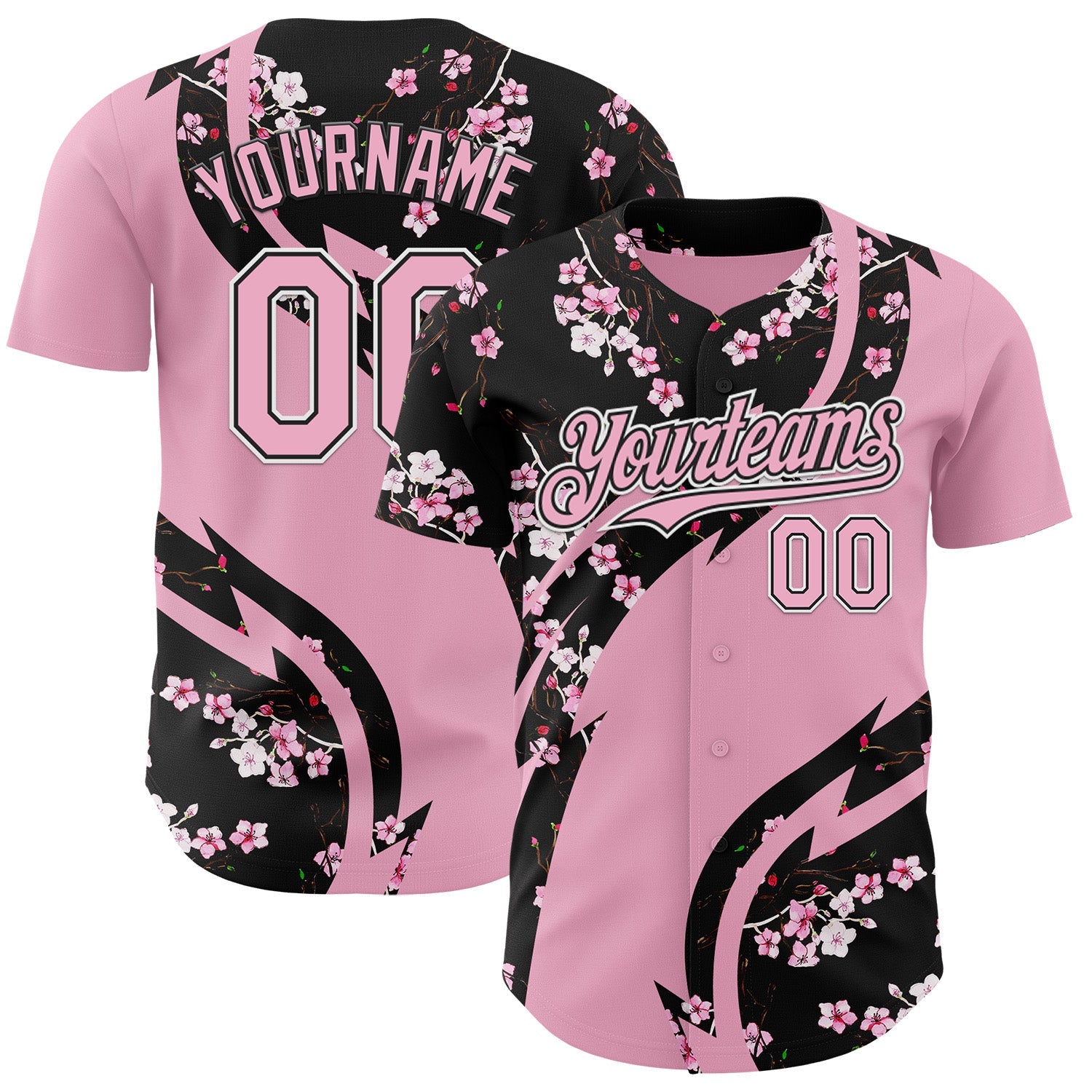 Custom Light Pink Black-White Cherry Blossoms Sakura Authentic Baseball Jersey - Main View