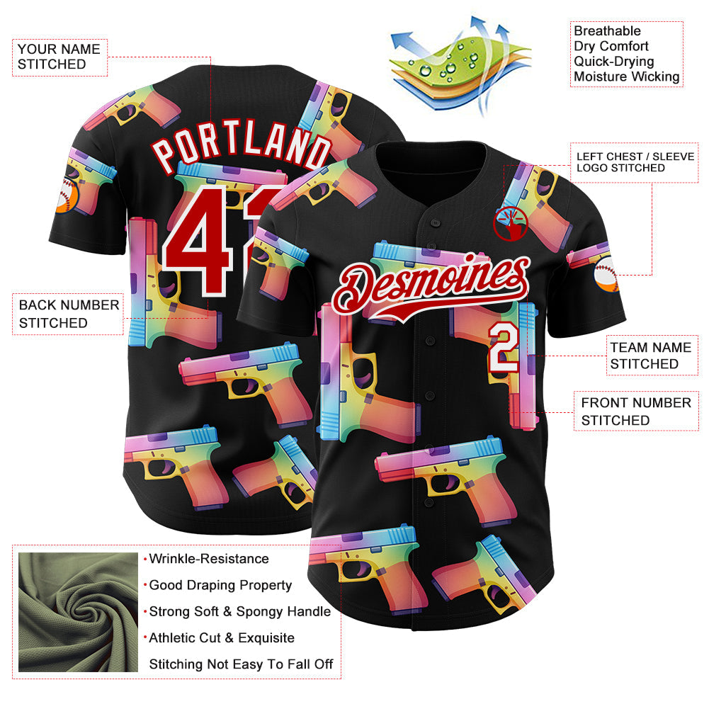 Custom Black Red-White Colorful Firepower 3D Pattern Design Authentic Baseball Jersey view 3
