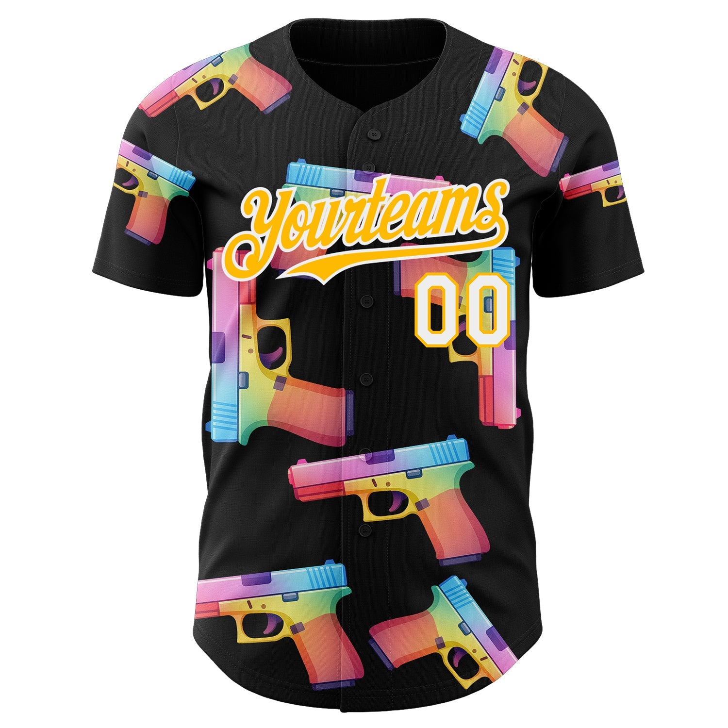 Custom Black Gold-White Colorful Firepower 3D Pattern Design Authentic Baseball Jersey view 2