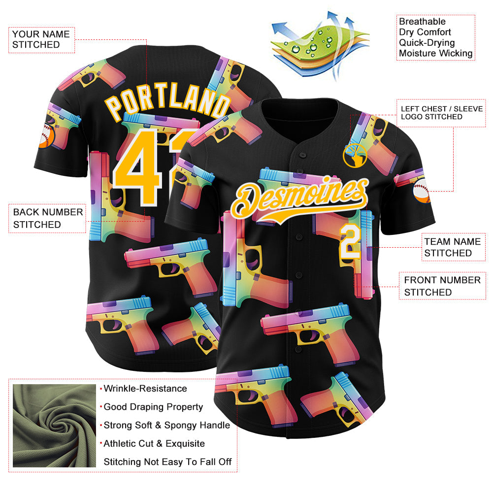 Custom Black Gold-White Colorful Firepower 3D Pattern Design Authentic Baseball Jersey view 3