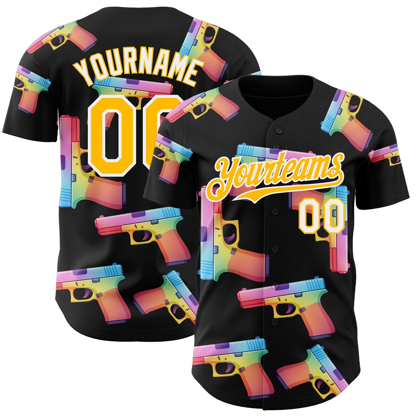 Custom Black Gold-White Colorful Firepower 3D Pattern Design Authentic Baseball Jersey - Main View