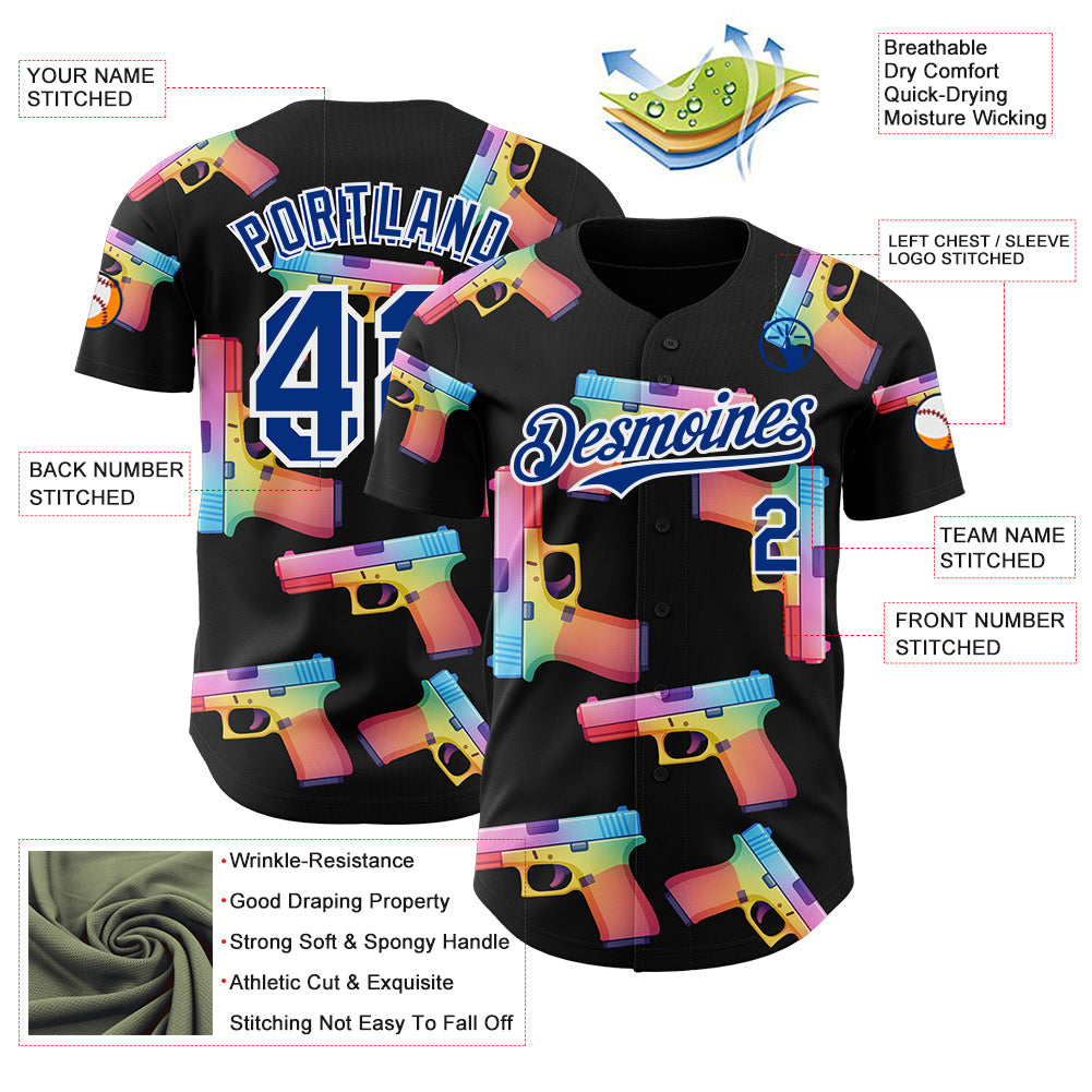 Custom Black Royal-White Colorful Firepower 3D Pattern Design Authentic Baseball Jersey view 3