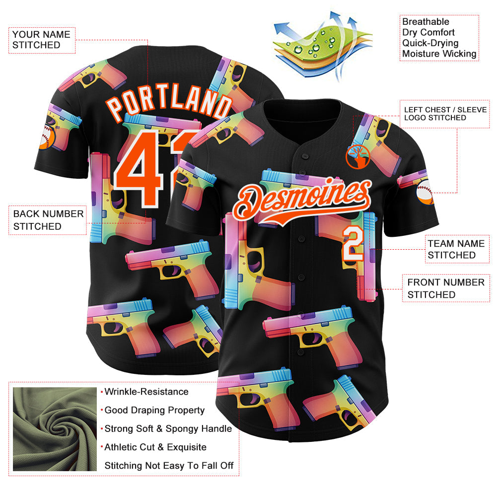 Custom Black Orange-White Colorful Firepower 3D Pattern Design Authentic Baseball Jersey view 3