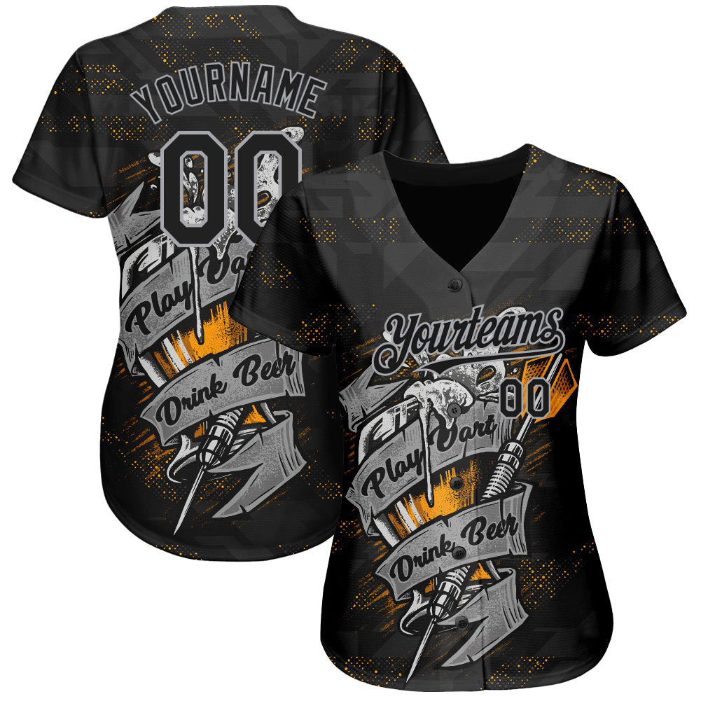 Custom Black Gray 3D Pattern Design Play Dart Drink Beer Authentic Baseball Jersey view 2