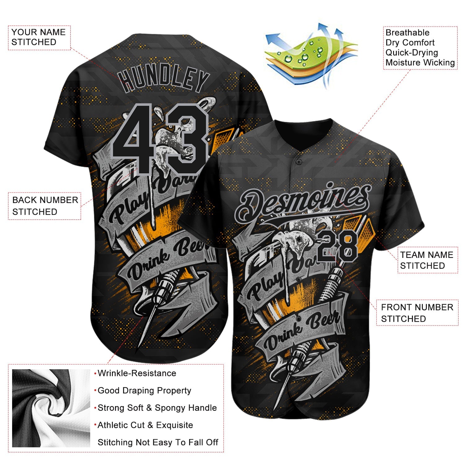 Custom Black Gray 3D Pattern Design Play Dart Drink Beer Authentic Baseball Jersey view 3