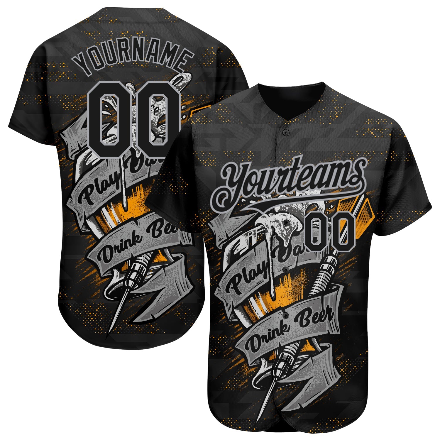 Custom Black Gray 3D Pattern Design Play Dart Drink Beer Authentic Baseball Jersey - Main View