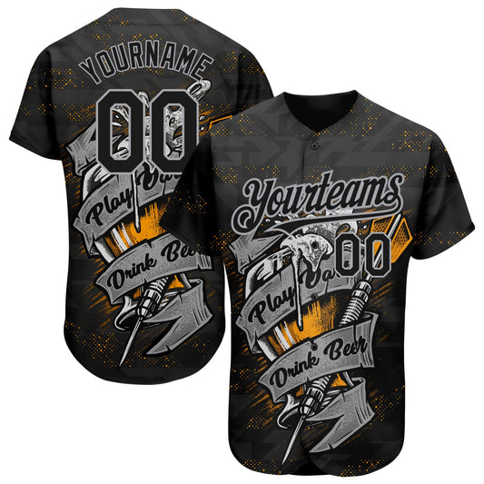 Custom Black Gray 3D Pattern Design Play Dart Drink Beer Authentic Baseball Jersey - Main View