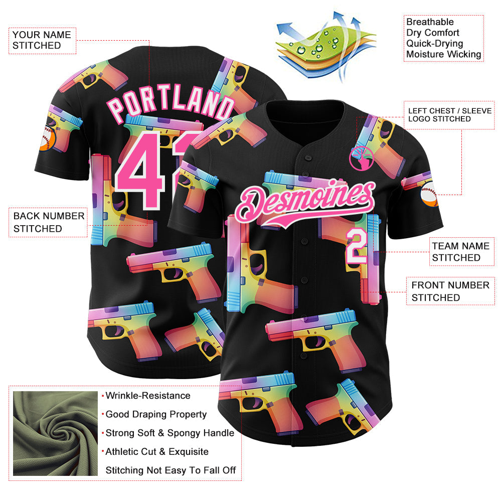 Custom Black Pink-White Colorful Firepower 3D Pattern Design Authentic Baseball Jersey view 3