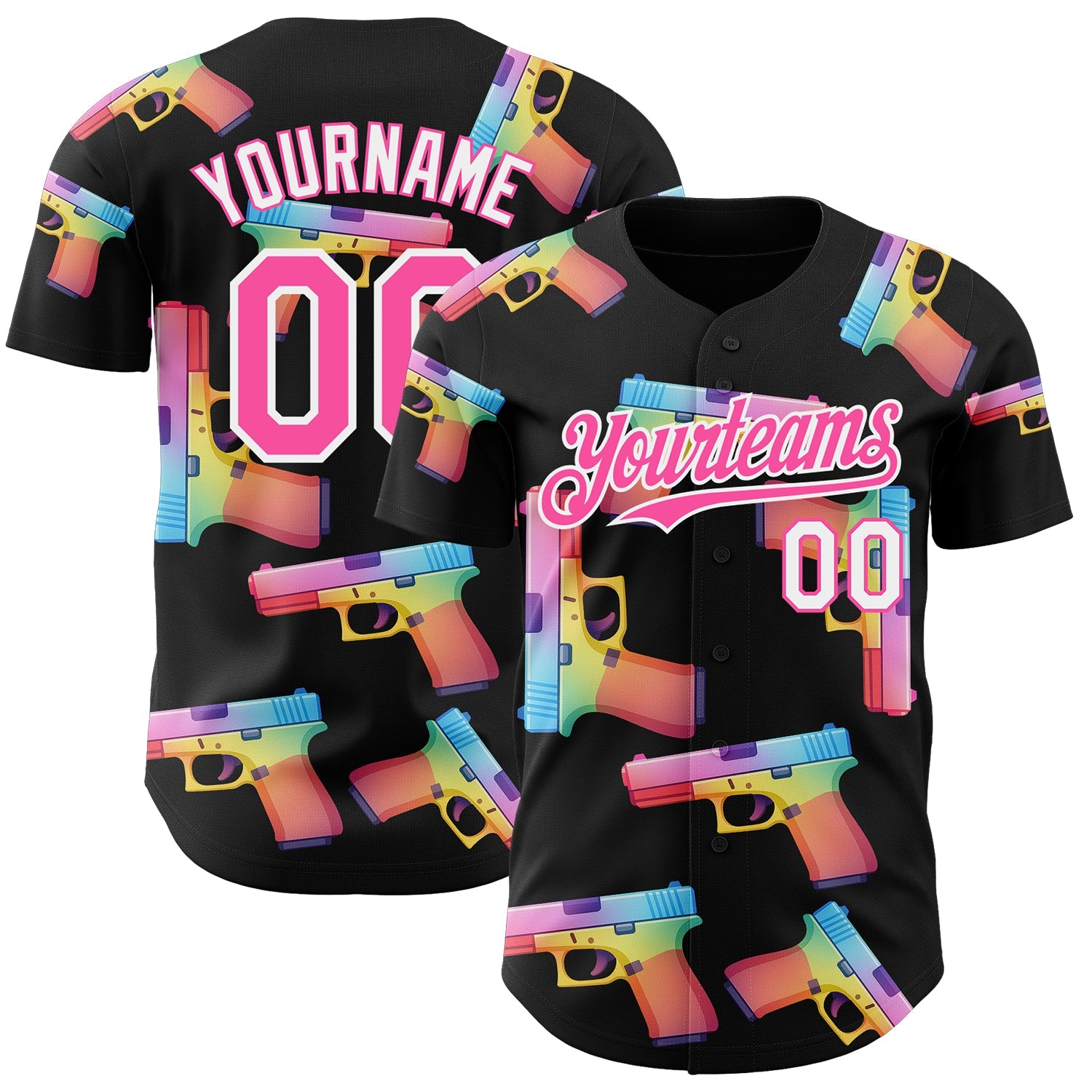 Custom Black Pink-White Colorful Firepower 3D Pattern Design Authentic Baseball Jersey - Main View