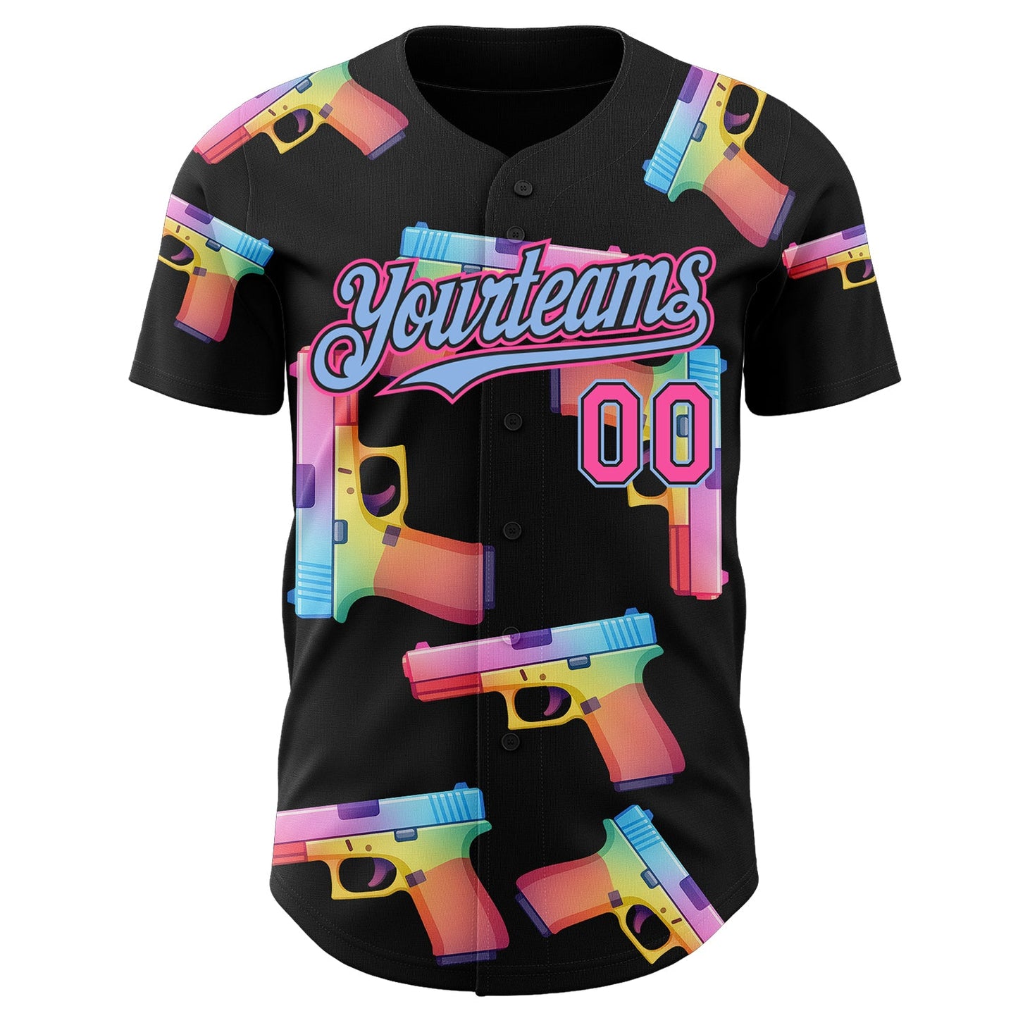 Custom Black Pink-Light Blue Colorful Firepower 3D Pattern Design Authentic Baseball Jersey view 2
