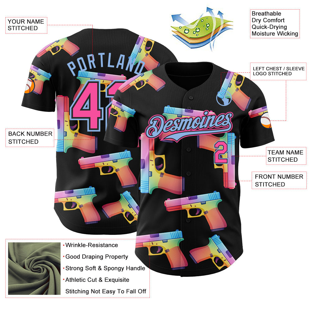 Custom Black Pink-Light Blue Colorful Firepower 3D Pattern Design Authentic Baseball Jersey view 3