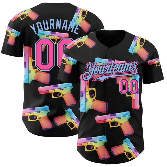 Custom Black Pink-Light Blue Colorful Firepower 3D Pattern Design Authentic Baseball Jersey - Main View