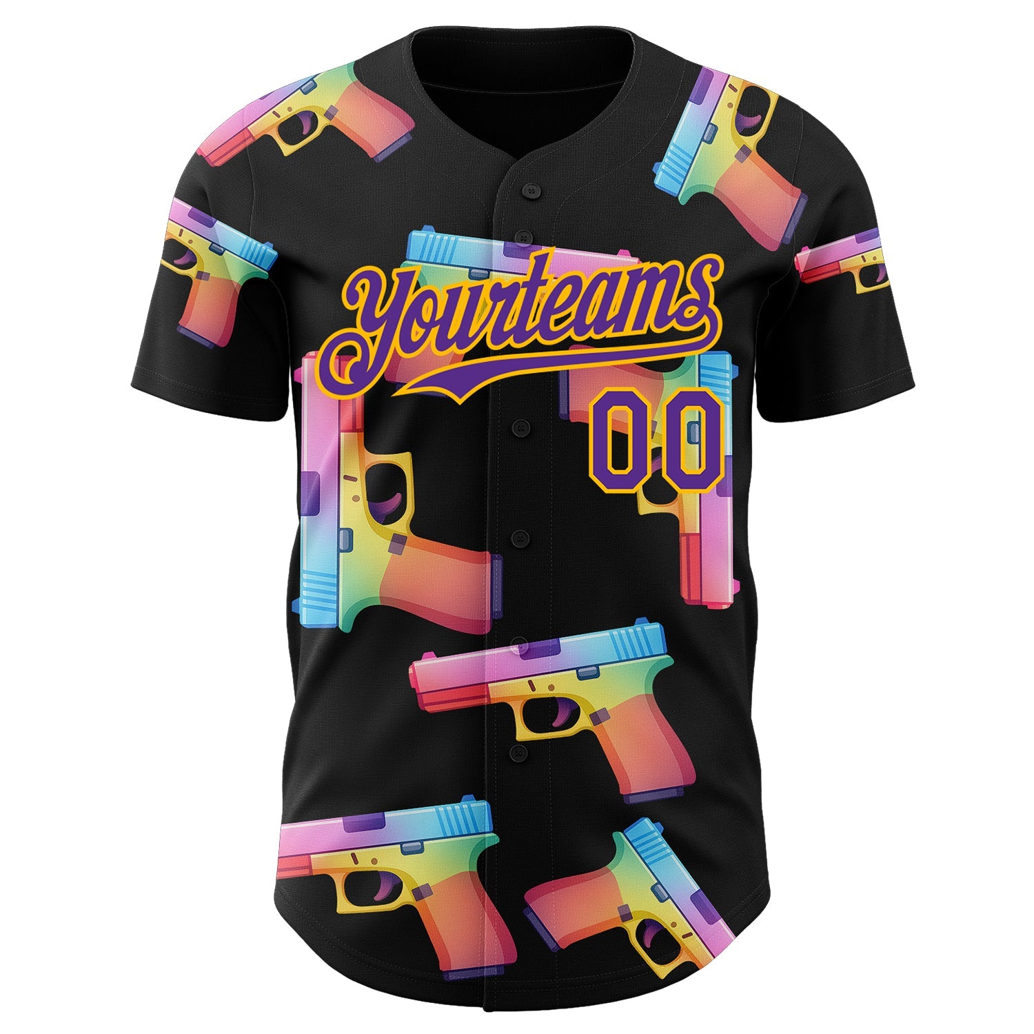Custom Black Purple-Gold Colorful Firepower 3D Pattern Design Authentic Baseball Jersey view 2