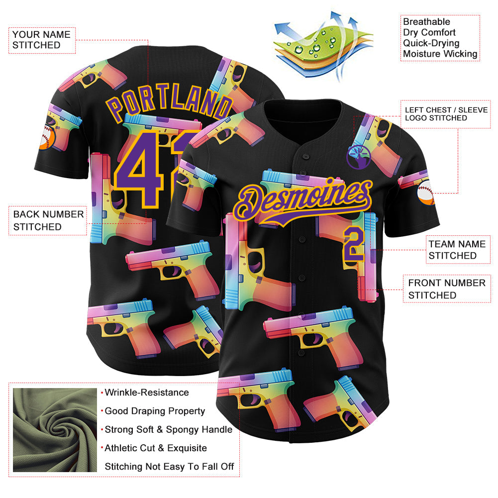 Custom Black Purple-Gold Colorful Firepower 3D Pattern Design Authentic Baseball Jersey view 3