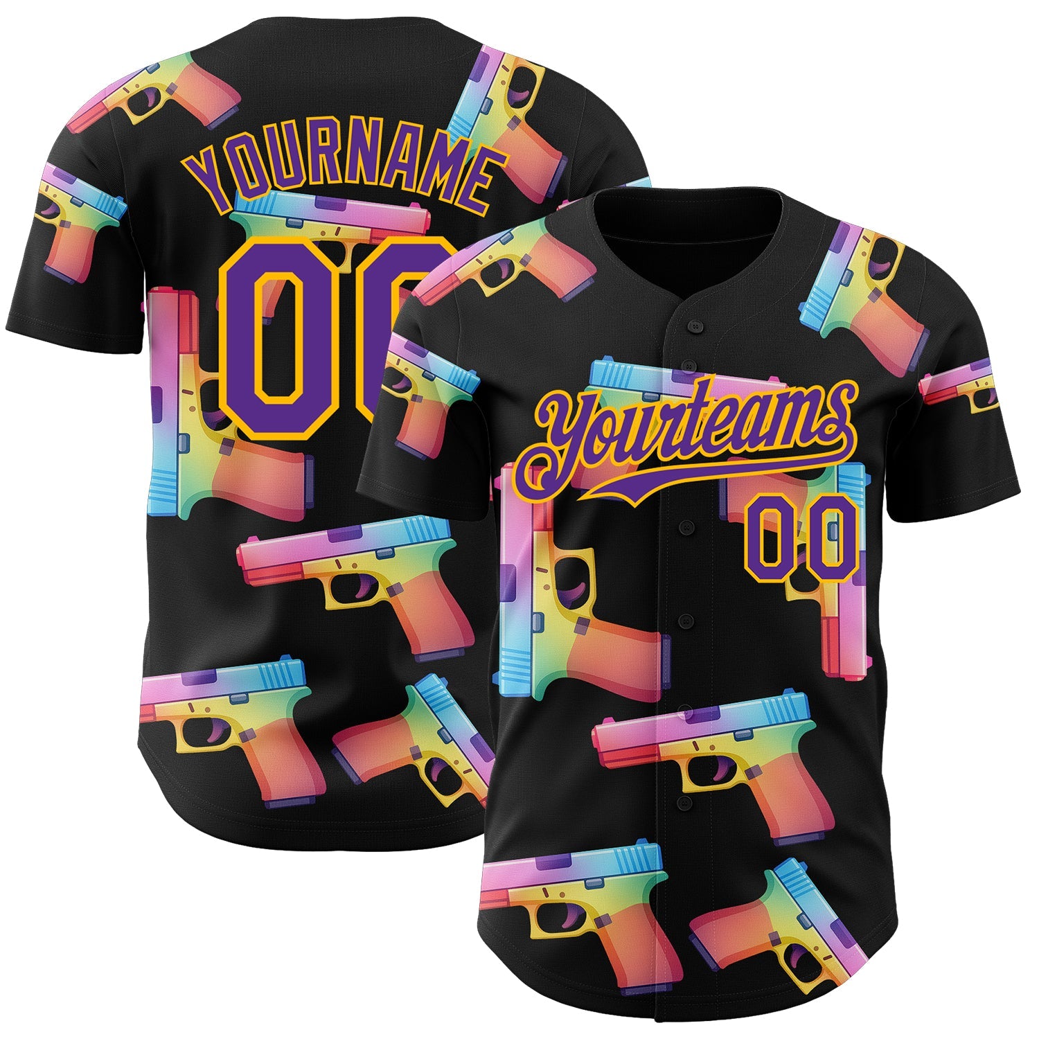 Custom Black Purple-Gold Colorful Firepower 3D Pattern Design Authentic Baseball Jersey - Main View