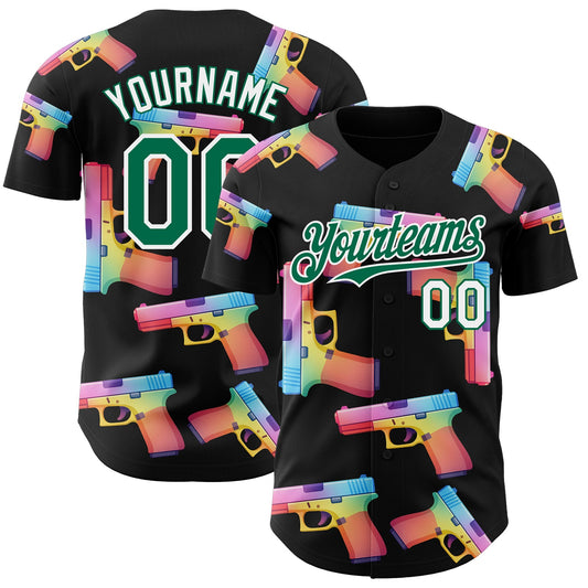 Custom Black Kelly Green-White Colorful Firepower 3D Pattern Design Authentic Baseball Jersey - Main View