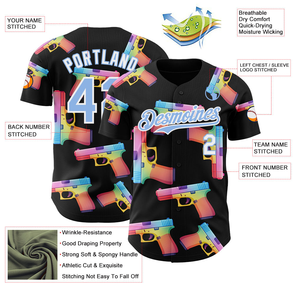Custom Black Light Blue-White Colorful Firepower 3D Pattern Design Authentic Baseball Jersey view 3