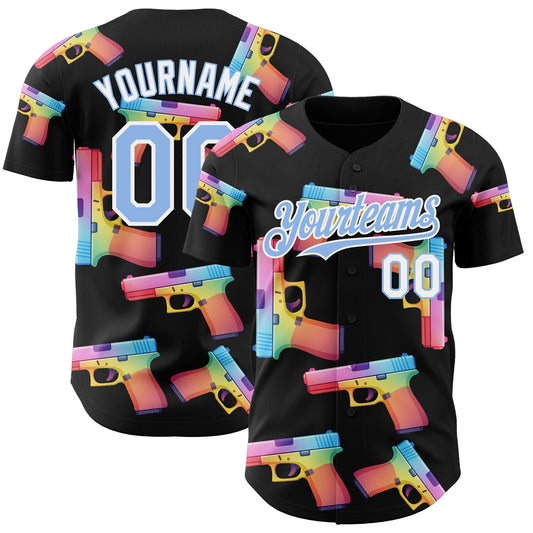 Custom Black Light Blue-White Colorful Firepower 3D Pattern Design Authentic Baseball Jersey - Main View