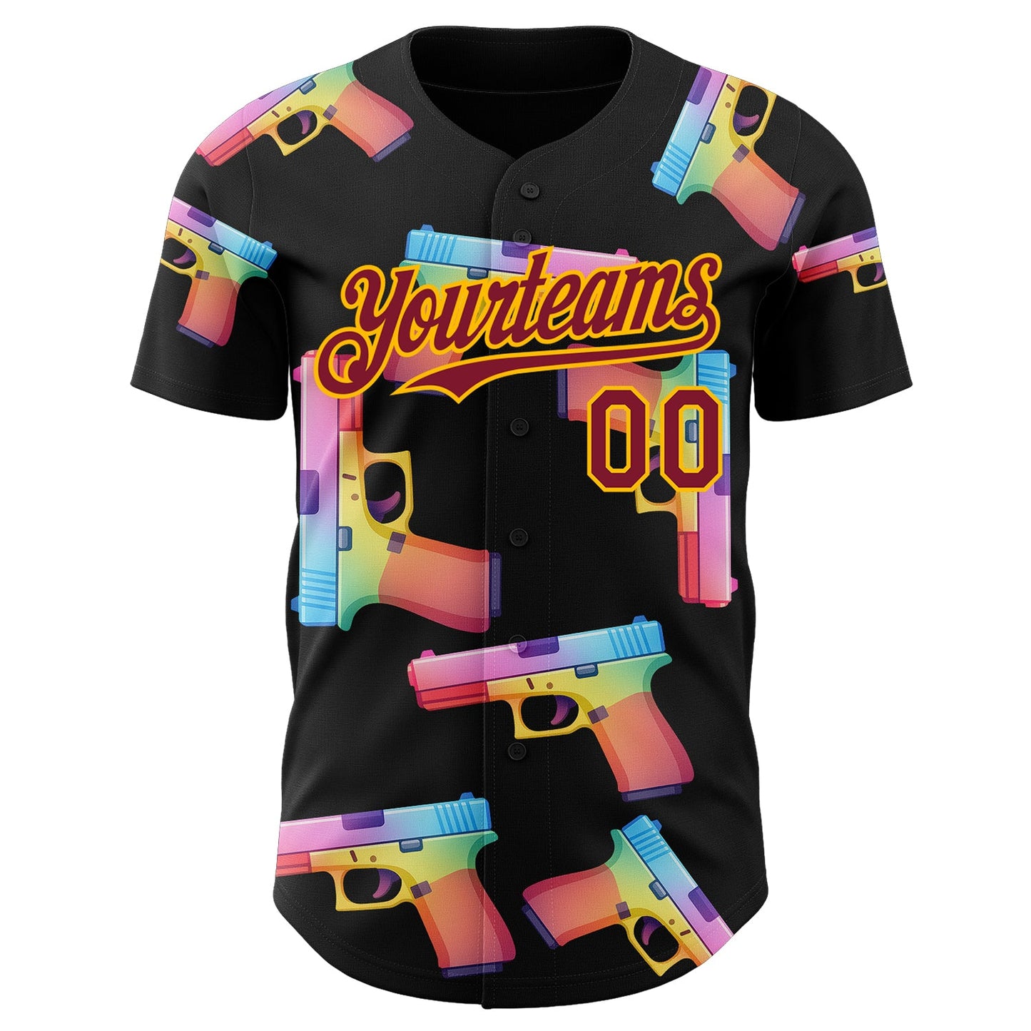 Custom Black Crimson-Gold Colorful Firepower 3D Pattern Design Authentic Baseball Jersey view 2