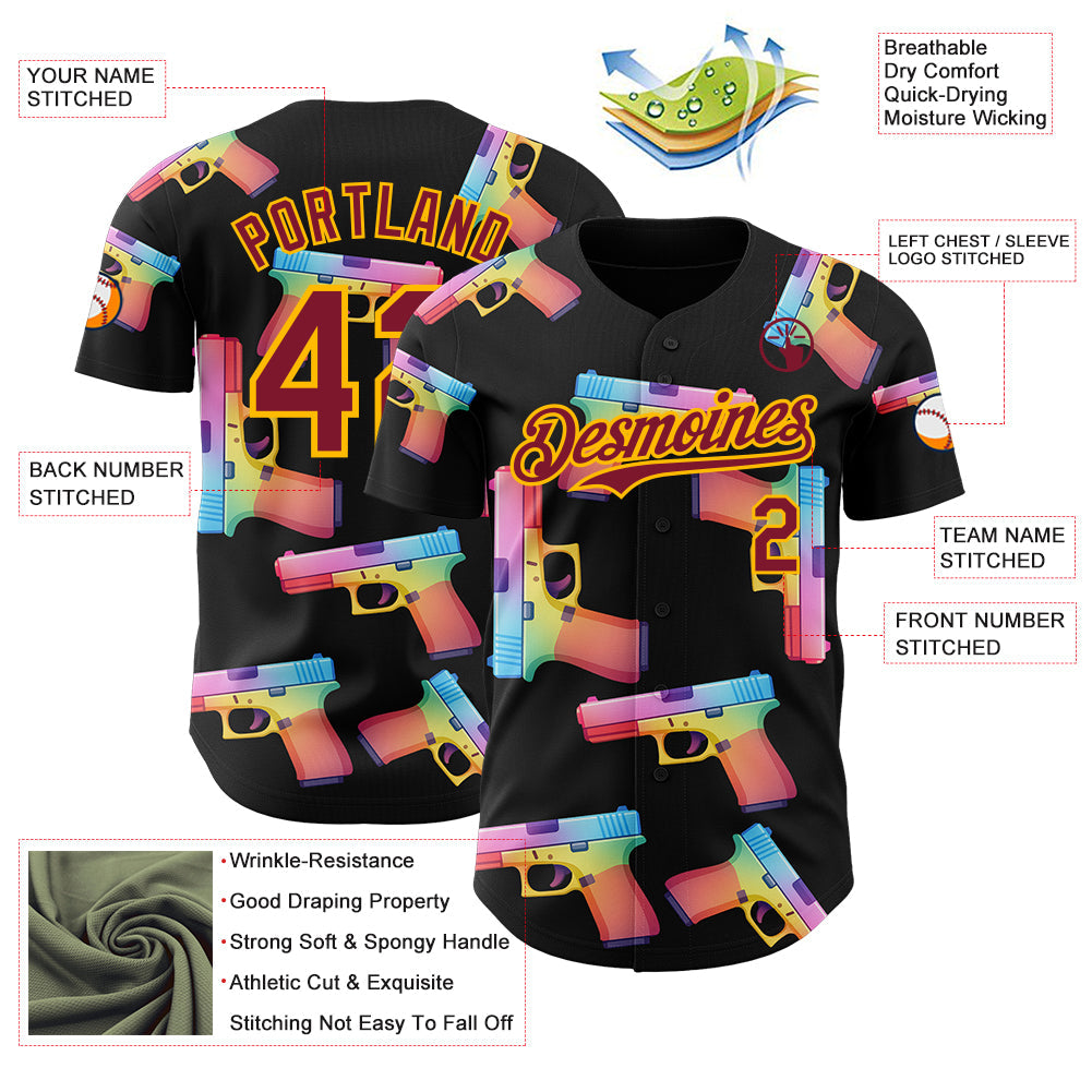Custom Black Crimson-Gold Colorful Firepower 3D Pattern Design Authentic Baseball Jersey view 3