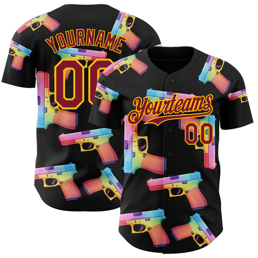 Custom Black Crimson-Gold Colorful Firepower 3D Pattern Design Authentic Baseball Jersey - Main View