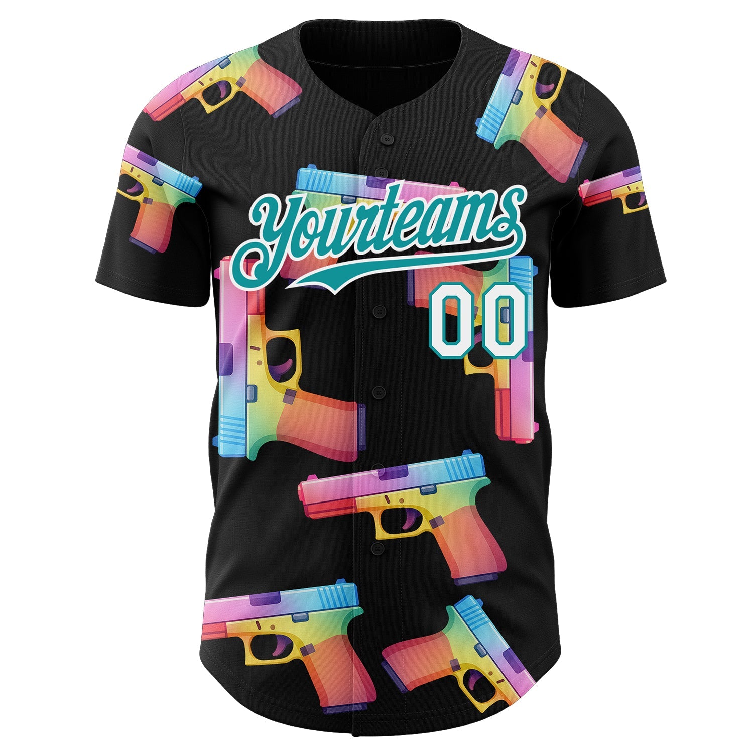 Custom Black Teal-White Colorful Firepower 3D Pattern Design Authentic Baseball Jersey view 2