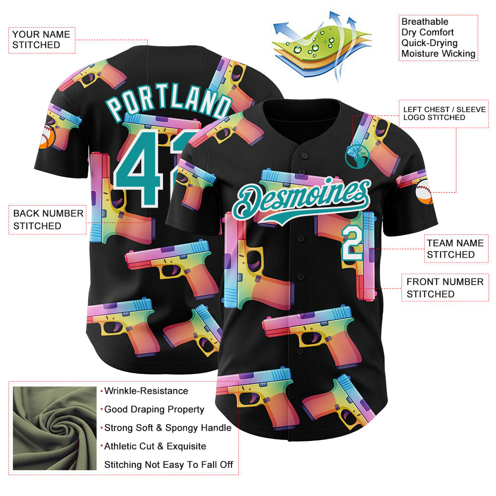 Custom Black Teal-White Colorful Firepower 3D Pattern Design Authentic Baseball Jersey view 3