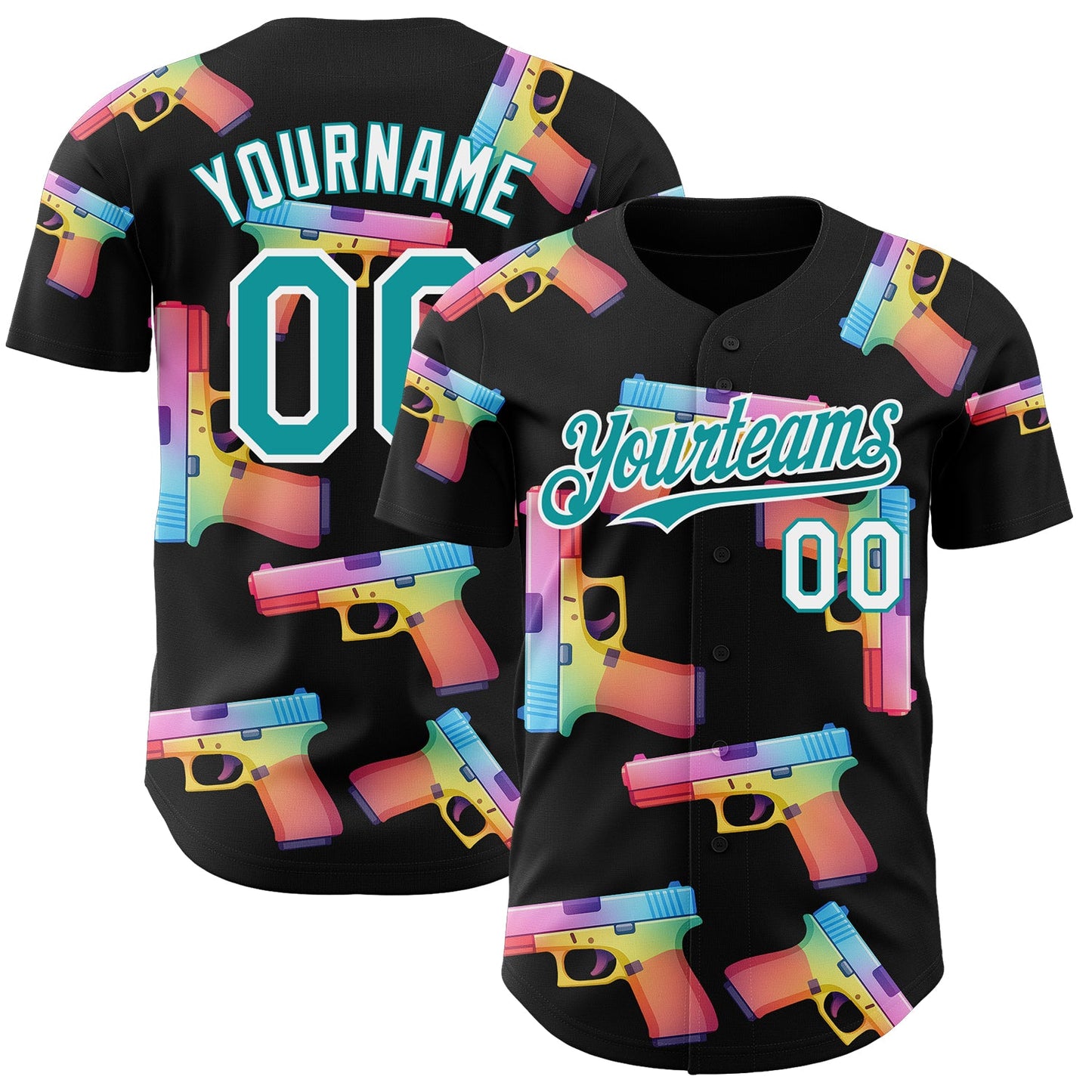 Custom Black Teal-White Colorful Firepower 3D Pattern Design Authentic Baseball Jersey - Main View
