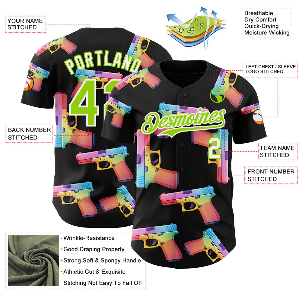 Custom Black Neon Green-White Colorful Firepower 3D Pattern Design Authentic Baseball Jersey view 3