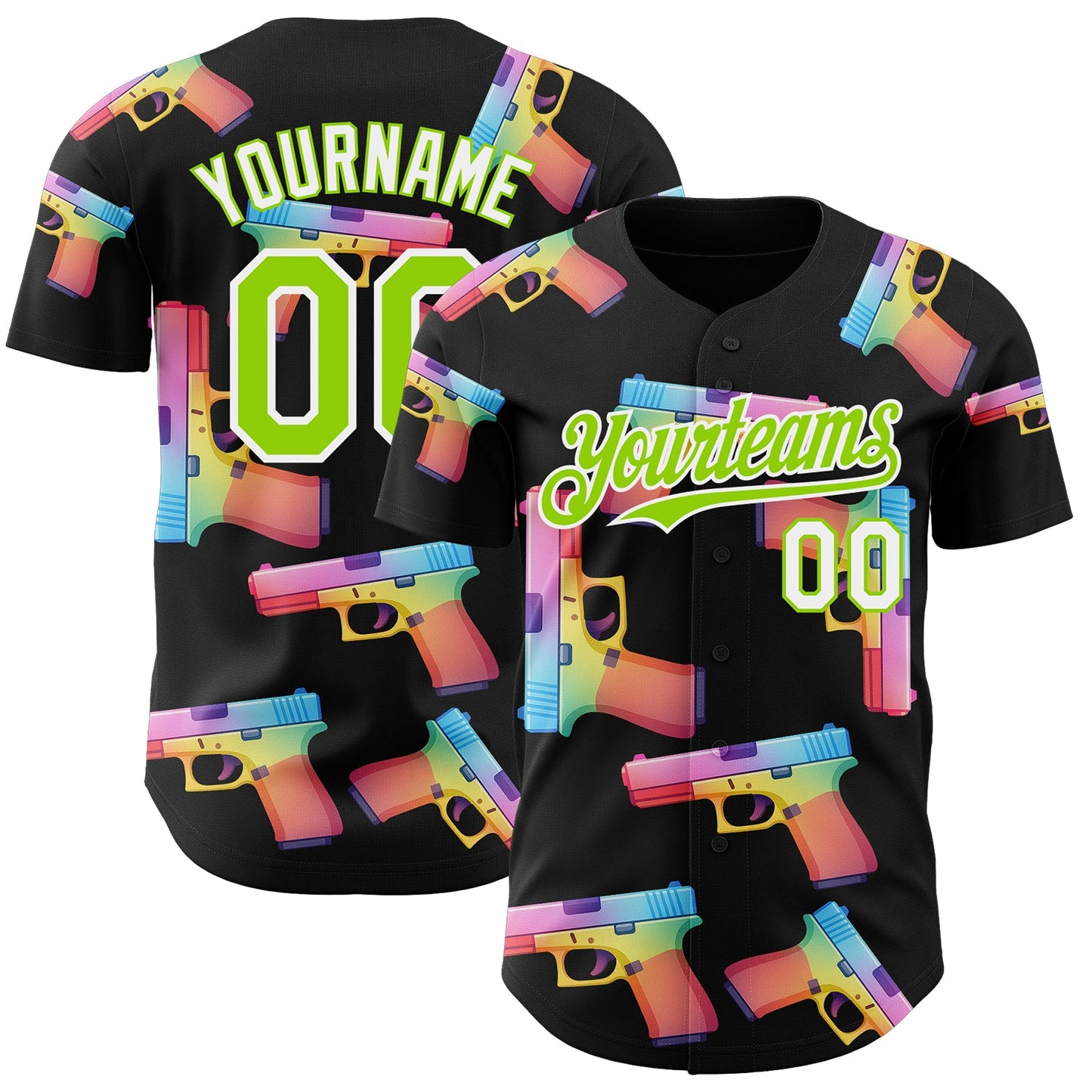 Custom Black Neon Green-White Colorful Firepower 3D Pattern Design Authentic Baseball Jersey - Main View