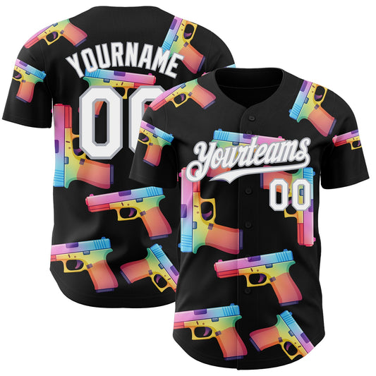 Custom Black White-Gray Colorful Firepower 3D Pattern Design Authentic Baseball Jersey - Main View