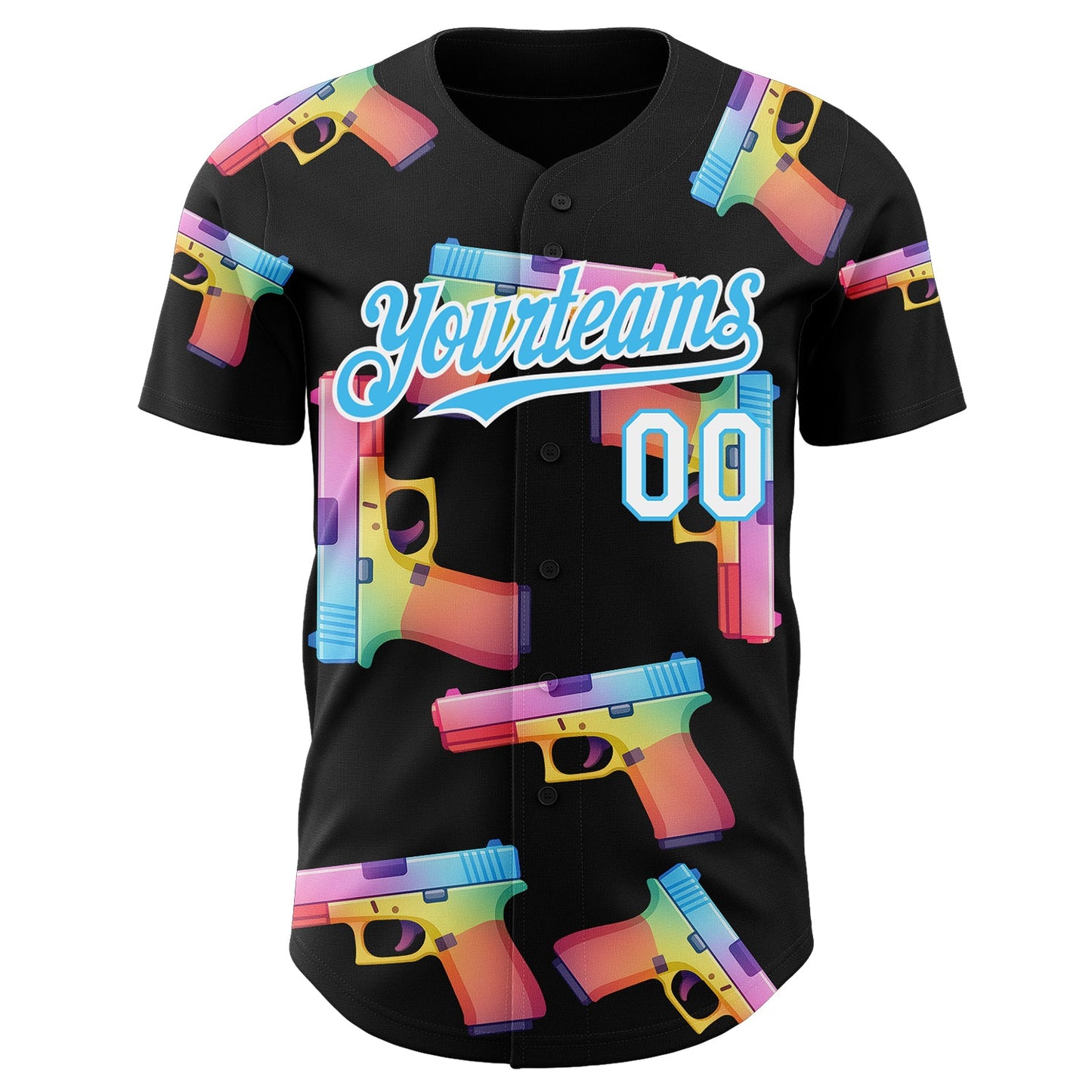 Custom Black Sky Blue-White Colorful Firepower 3D Pattern Design Authentic Baseball Jersey view 2