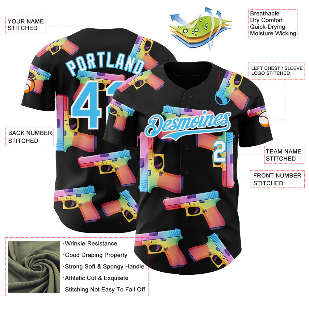 Custom Black Sky Blue-White Colorful Firepower 3D Pattern Design Authentic Baseball Jersey view 3