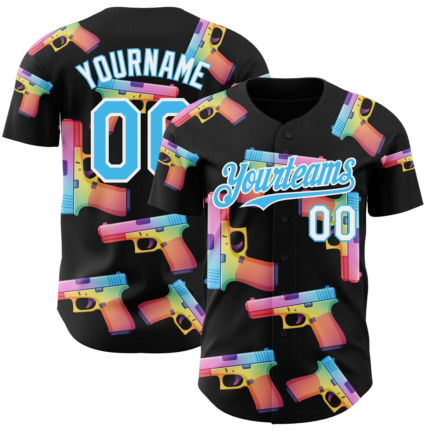 Custom Black Sky Blue-White Colorful Firepower 3D Pattern Design Authentic Baseball Jersey - Main View