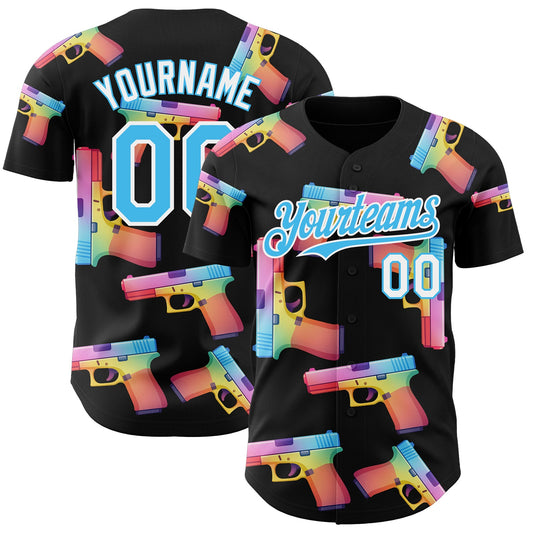 Custom Black Sky Blue-White Colorful Firepower 3D Pattern Design Authentic Baseball Jersey - Main View