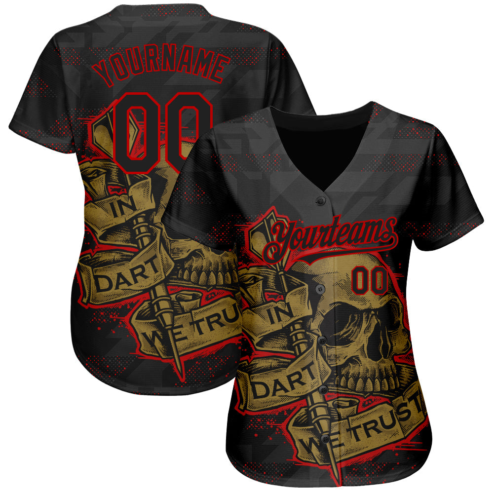 Custom Black Red-Old Gold 3D Pattern Design In Dart We Trust Authentic Baseball Jersey view 2