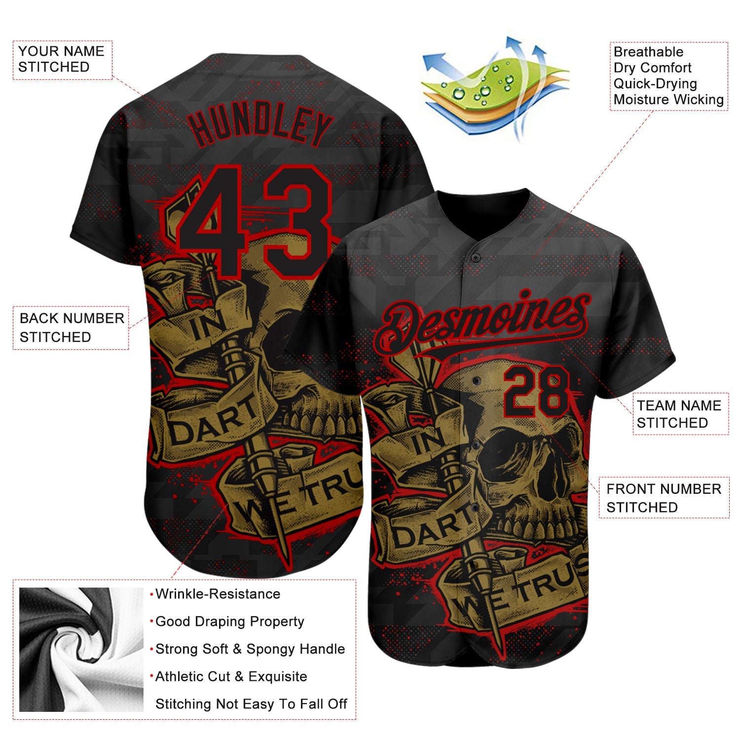 Custom Black Red-Old Gold 3D Pattern Design In Dart We Trust Authentic Baseball Jersey view 3