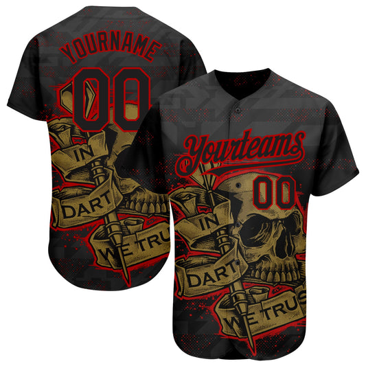 Custom Black Red-Old Gold 3D Pattern Design In Dart We Trust Authentic Baseball Jersey - Main View