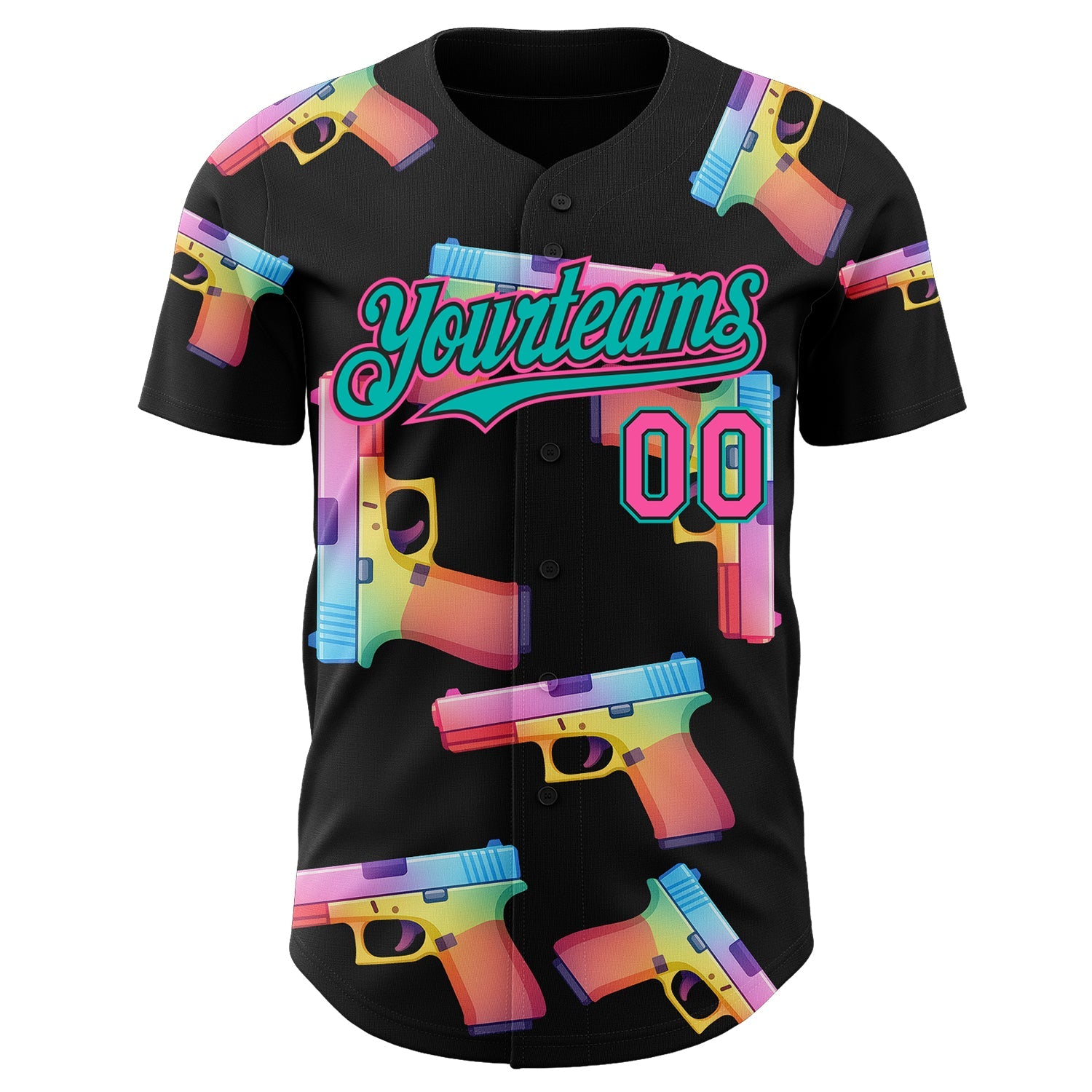 Custom Black Pink-Aqua Colorful Firepower 3D Pattern Design Authentic Baseball Jersey view 2