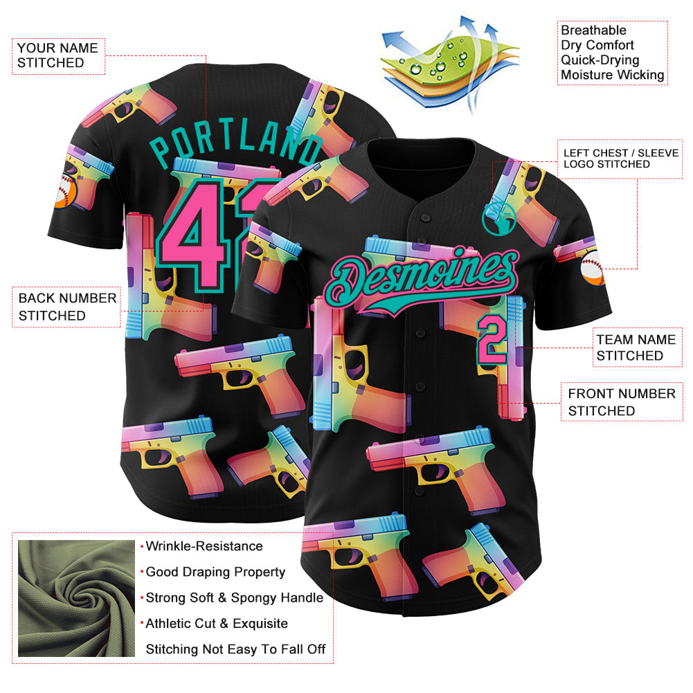 Custom Black Pink-Aqua Colorful Firepower 3D Pattern Design Authentic Baseball Jersey view 3
