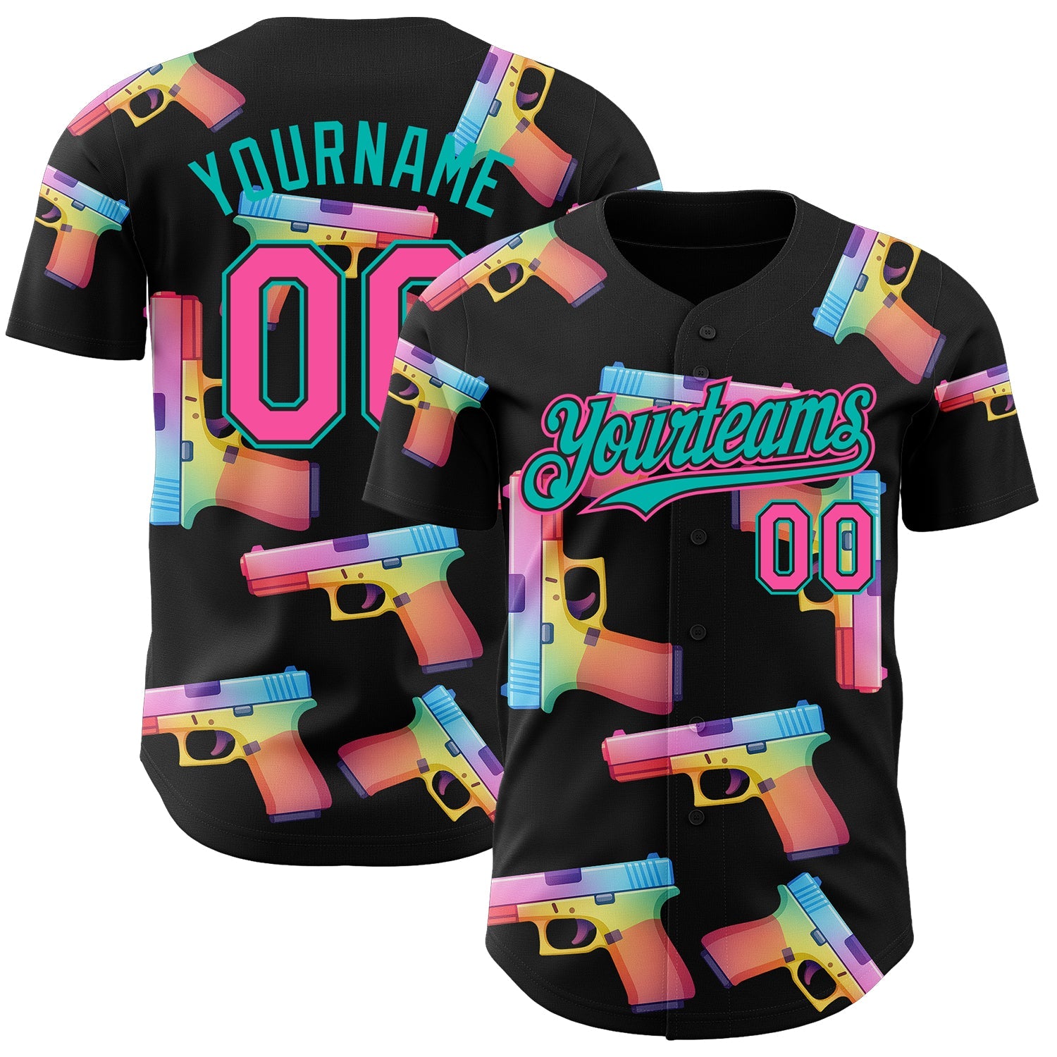 Custom Black Pink-Aqua Colorful Firepower 3D Pattern Design Authentic Baseball Jersey - Main View
