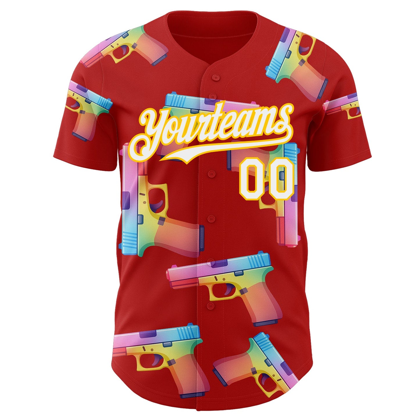 Custom Red White-Yellow Colorful Firepower 3D Pattern Design Authentic Baseball Jersey view 2