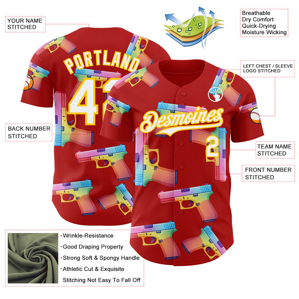 Custom Red White-Yellow Colorful Firepower 3D Pattern Design Authentic Baseball Jersey view 3