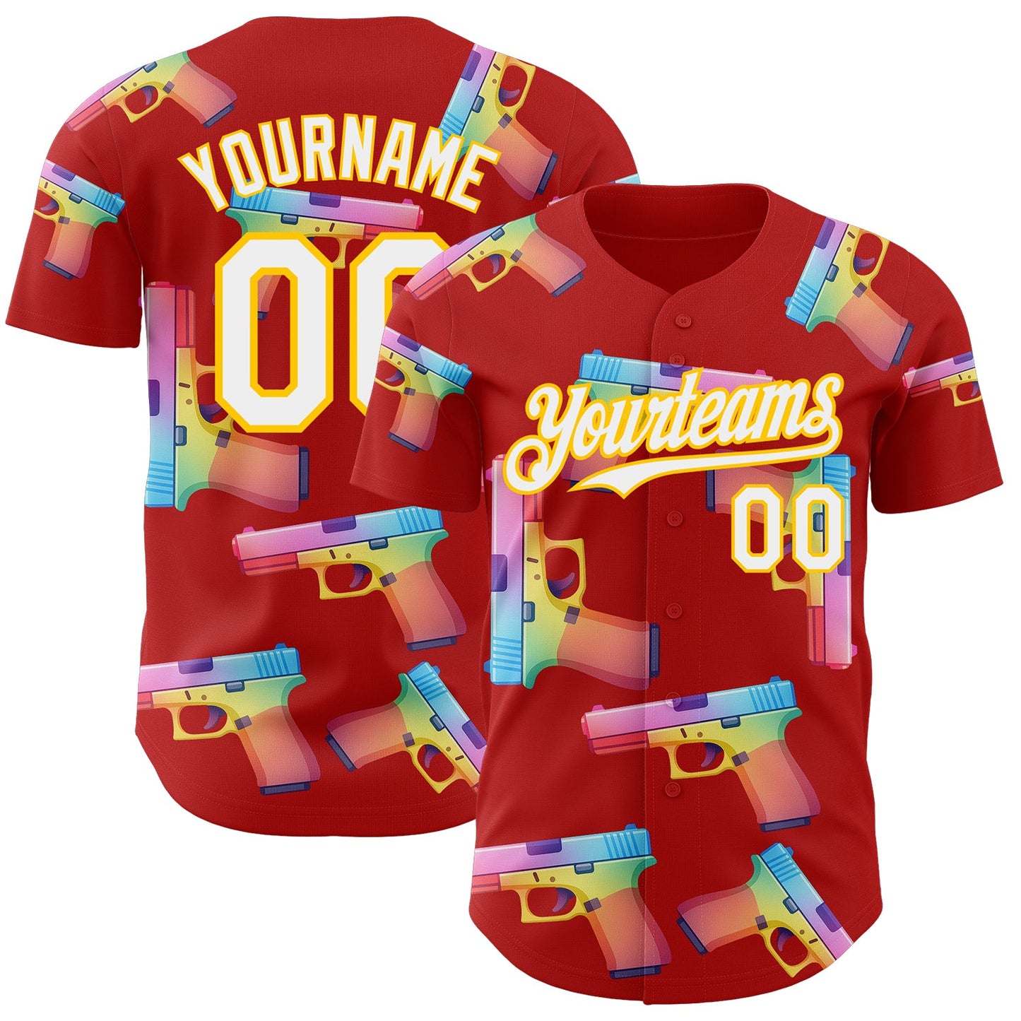 Custom Red White-Yellow Colorful Firepower 3D Pattern Design Authentic Baseball Jersey - Main View