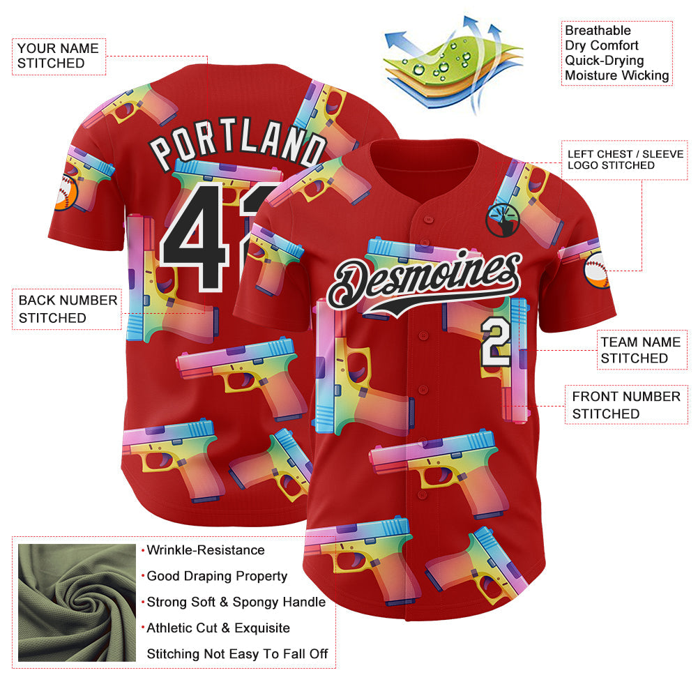 Custom Red Black-White Colorful Firepower 3D Pattern Design Authentic Baseball Jersey view 3