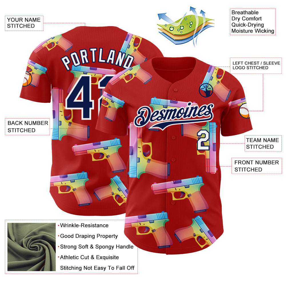 Custom Red Navy-White Colorful Firepower 3D Pattern Design Authentic Baseball Jersey view 3