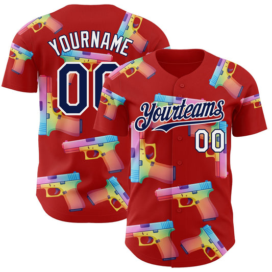 Custom Red Navy-White Colorful Firepower 3D Pattern Design Authentic Baseball Jersey - Main View