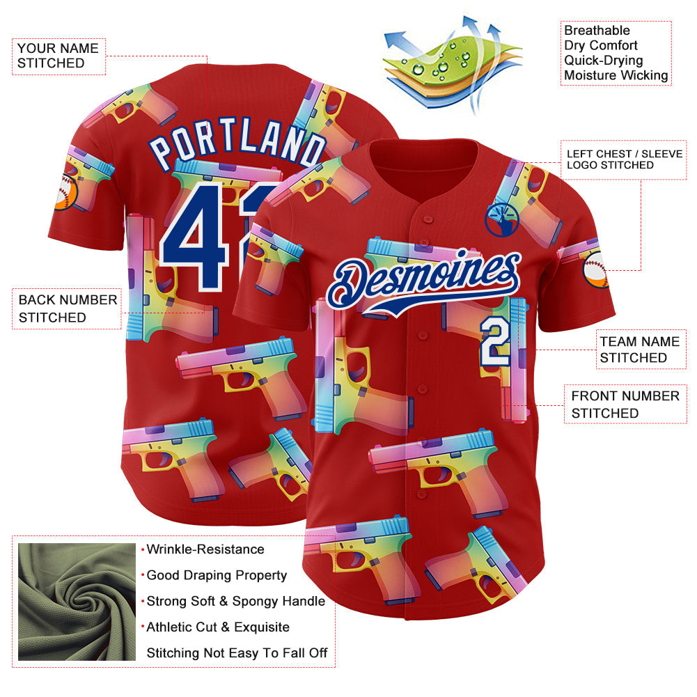 Custom Red Royal-White Colorful Firepower 3D Pattern Design Authentic Baseball Jersey view 3
