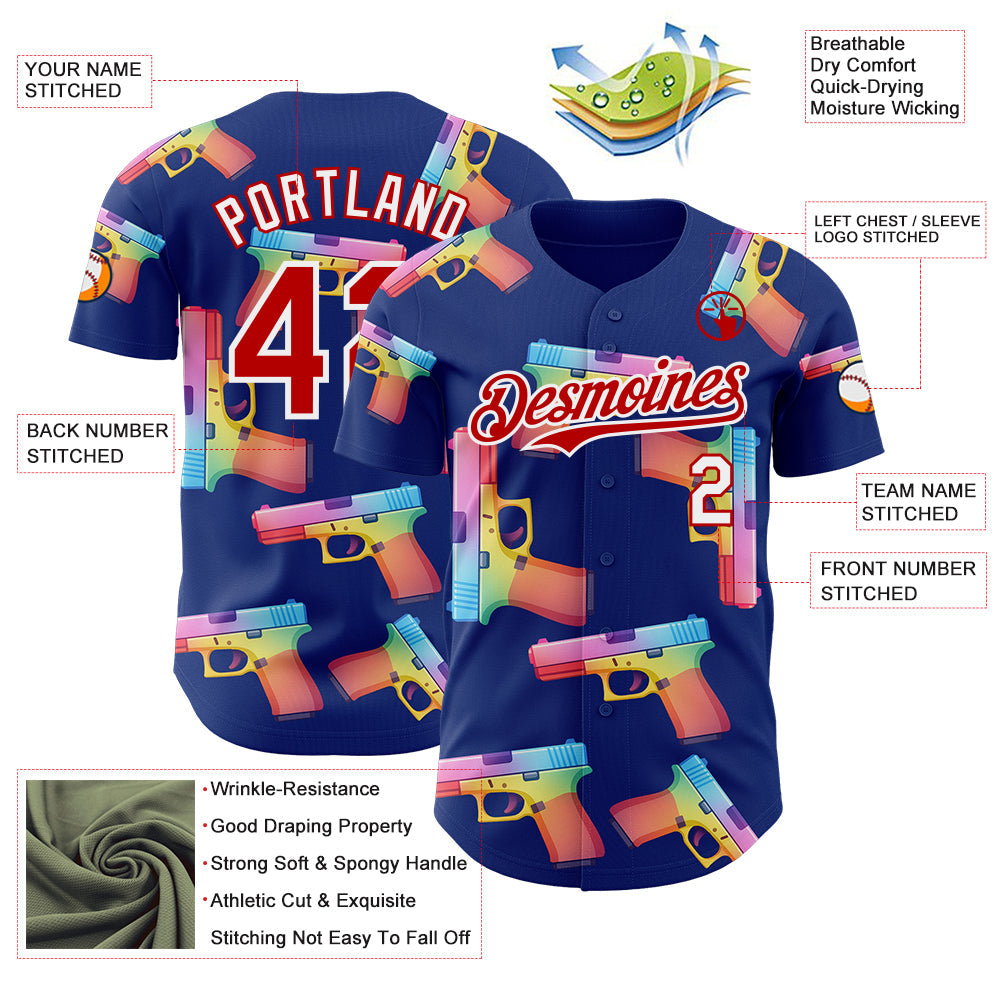 Custom Royal Red-White Colorful Firepower 3D Pattern Design Authentic Baseball Jersey view 3