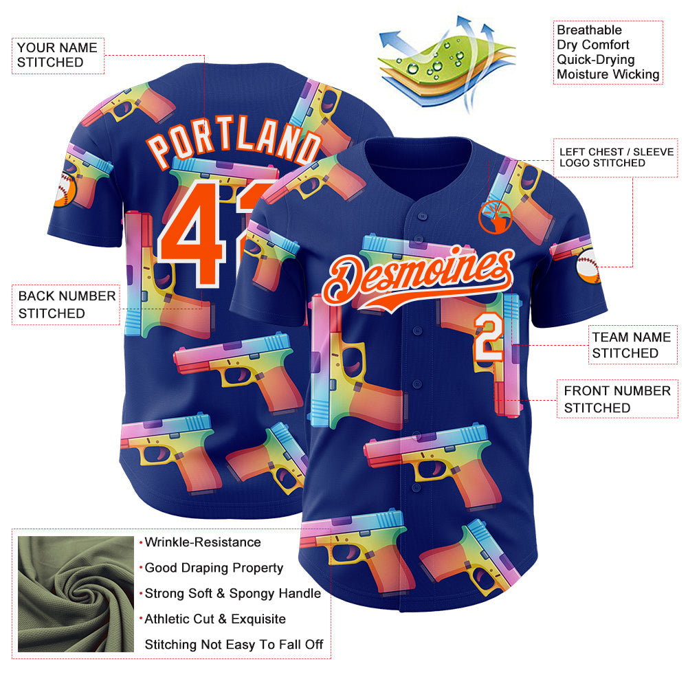 Custom Royal Orange-White Colorful Firepower 3D Pattern Design Authentic Baseball Jersey view 3
